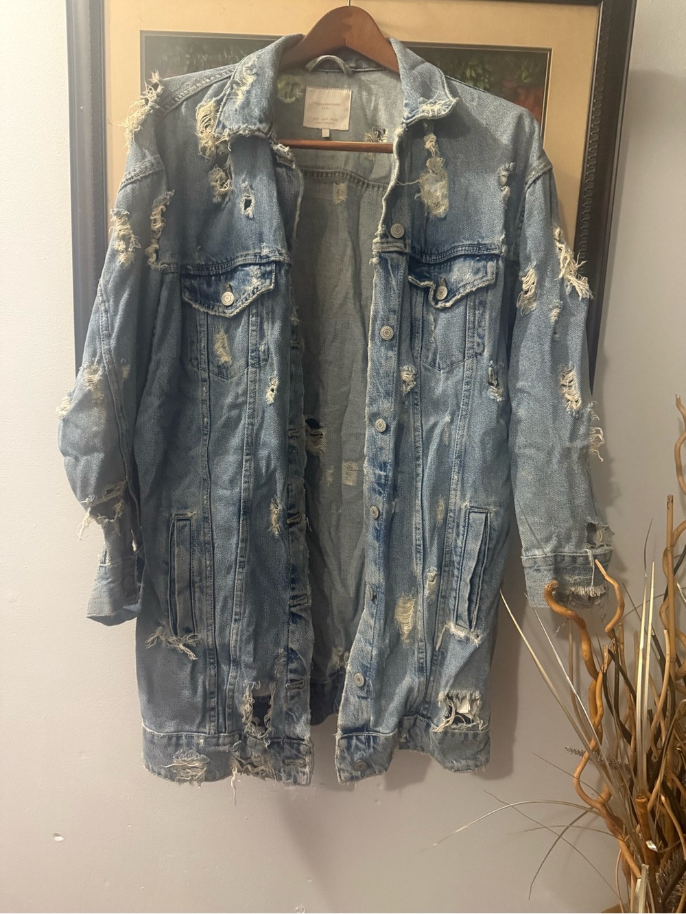 Zara Distressed Long Denim Jacket - Light Blue